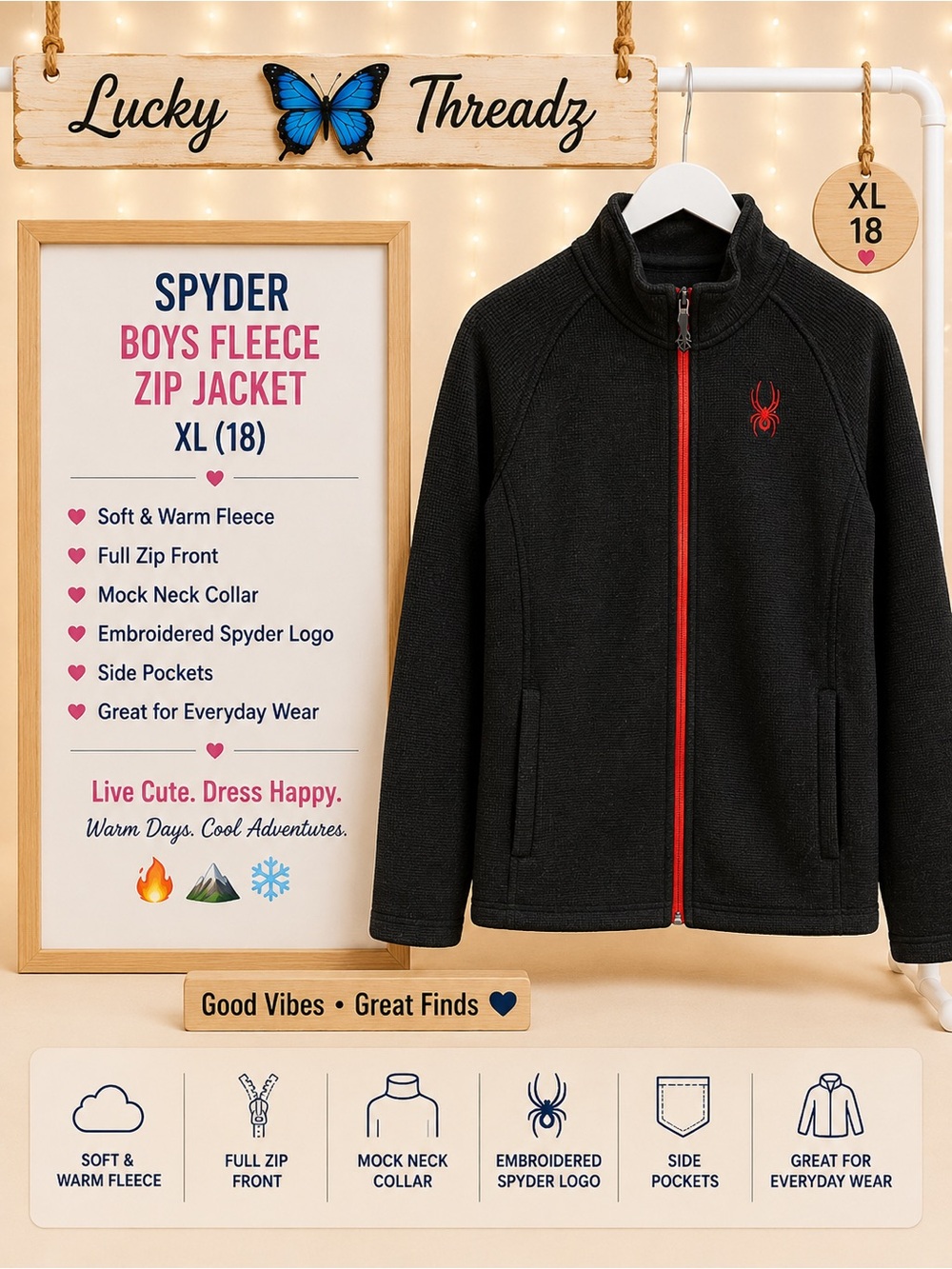 Spyder Black Fleece Zip Jacket with Red Accents - Boys XL (18)